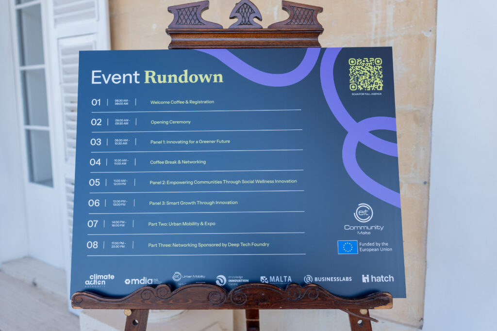 The event rundown board listing the day's eight sessions.