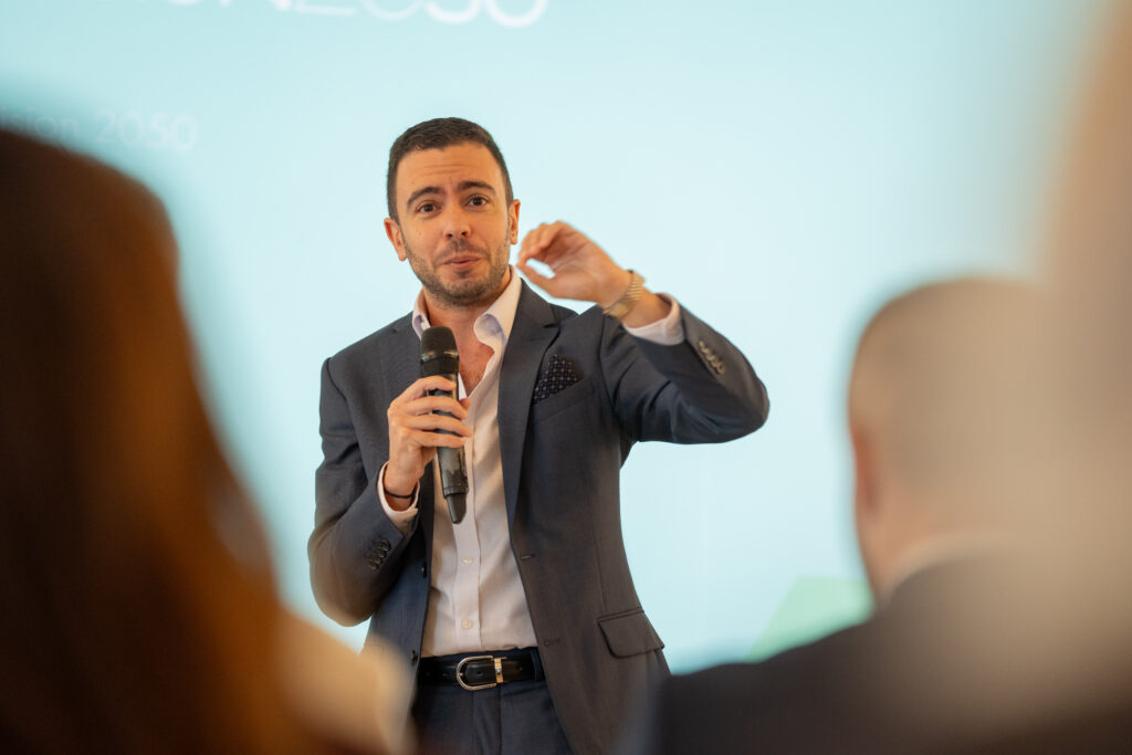 A speaker presenting Malta Vision 2050.